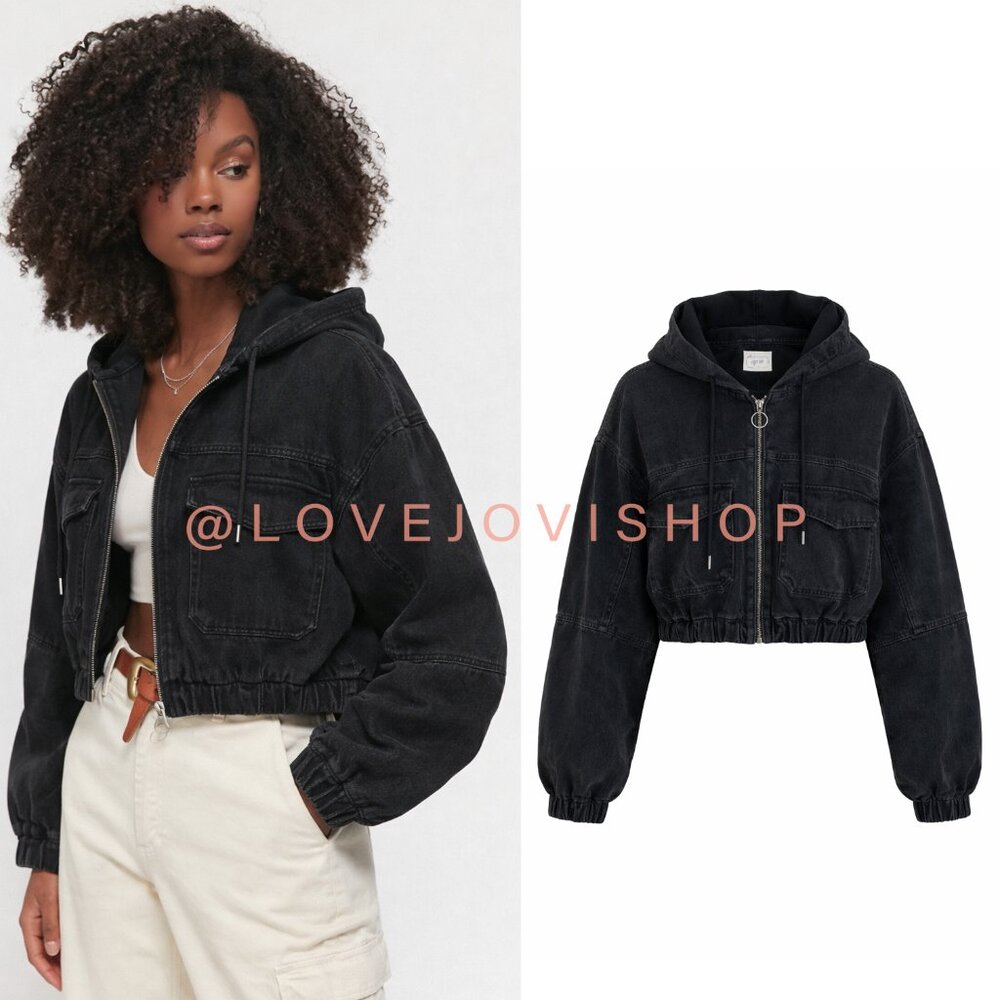 Cropped Black Hooded Denim Jacket